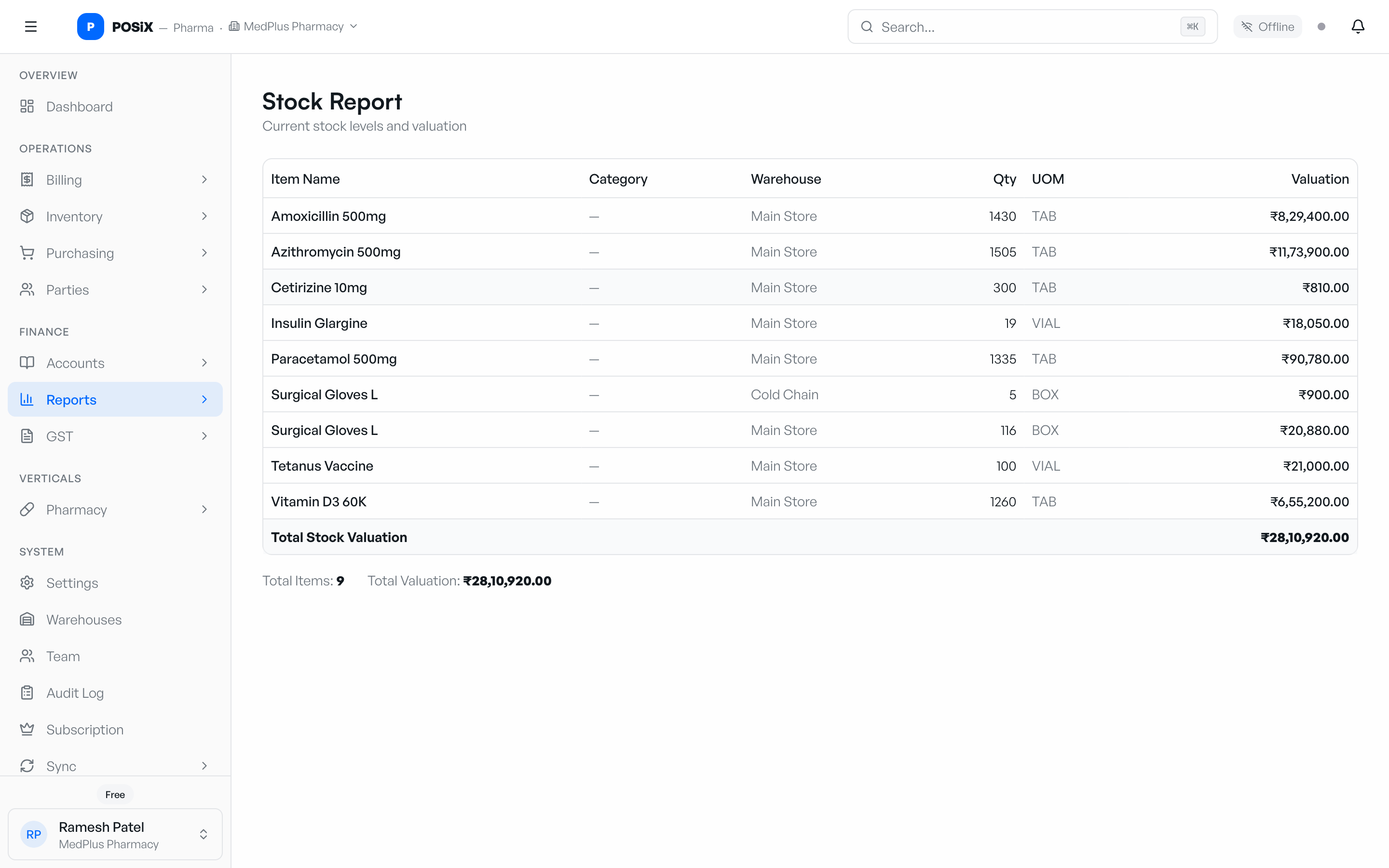 POSIX stock report showing quantities, warehouse context, MRP, and total stock valuation